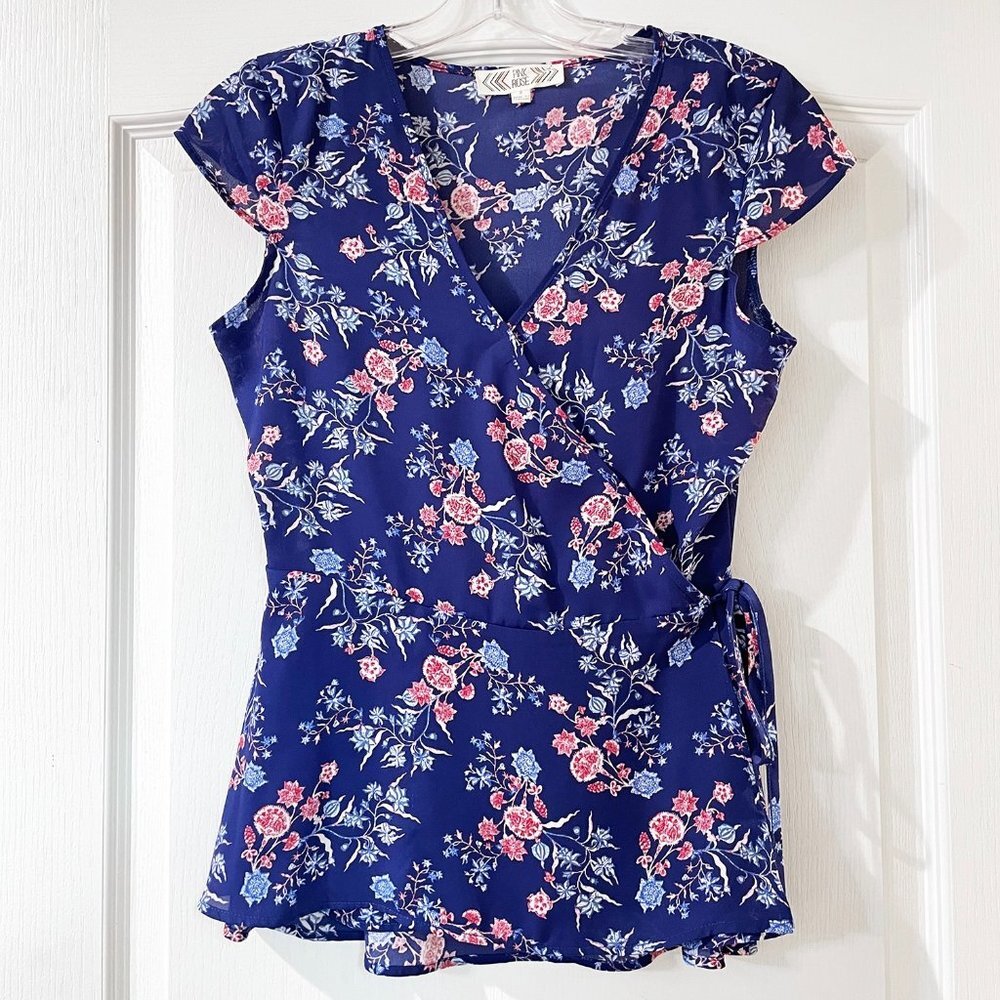 Pink Rose Wrap Top Floral Blue and Pink Size S